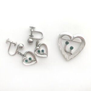 Vintage .925 Sterling Set Heart Pin & Screwback Earrings Green Stones